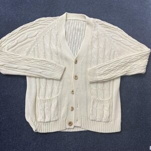 Vintage Cable Knit Cardigan Sweater Womens Medium Cream Button Front Pockets